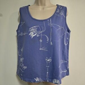Spa by Chico's Size 2 (L) Blue White Abstract Line Art Animals Scoop Tank Top